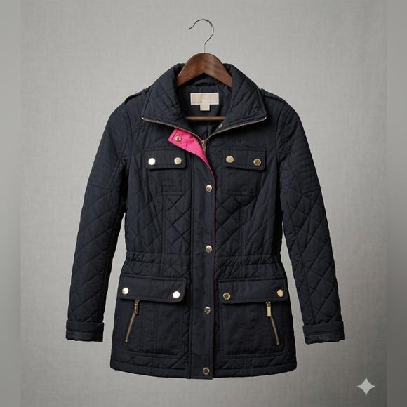 Michael Kors Jackets & Blazers - Michael Kors Black Quilted M65 Field Jacket | Pink Trim & Gold Hardware XSP